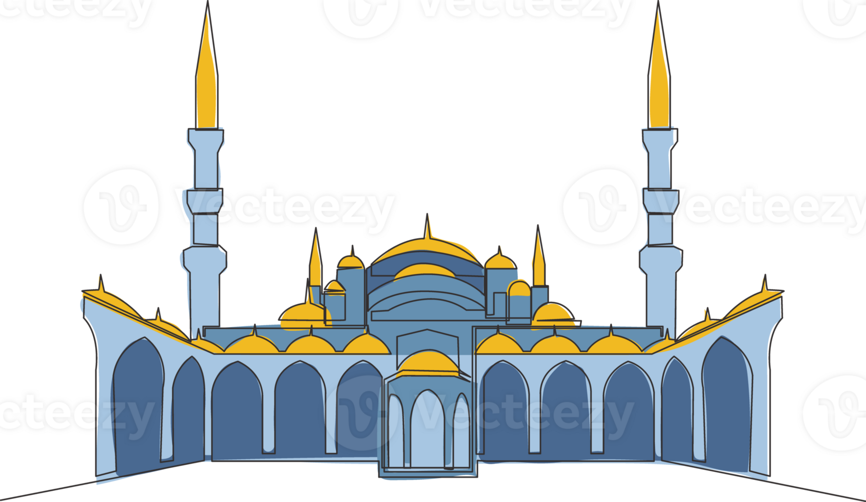 One continuous line drawing of Islamic historical landmark masjid or mosque. The ancient building that works as a place of worship for muslim person concept single line draw design illustration png