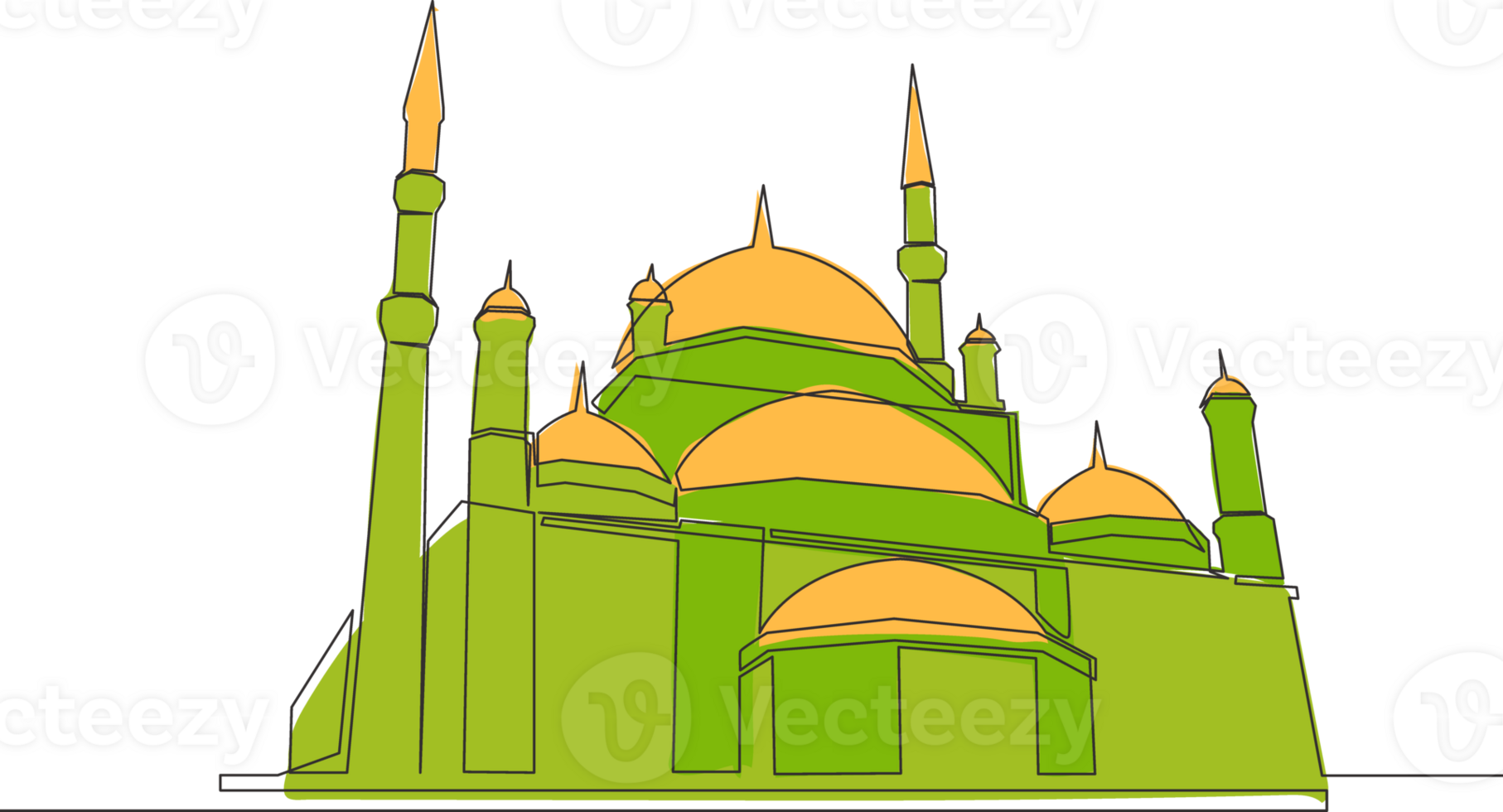 One single line drawing of Islamic historical dome landmark masjid or mosque. Holy place to prayer for Islam people concept continuous line draw design illustration png