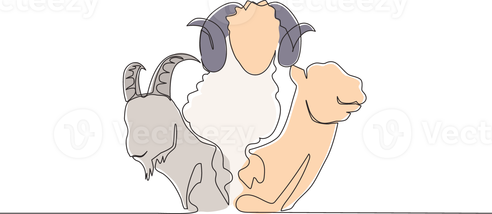 One single line drawing of camel, goat and sheep head. Muslim holiday the sacrifice an animal to God, Eid al Adha greeting card concept continuous line draw design illustration png