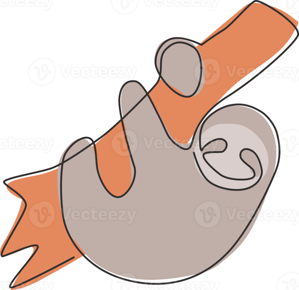 Single continuous line drawing of slow cute sloth hanging at limb tree for logo identity. Marsupial animal mascot concept for pet lover club icon. One line draw design graphic illustration png