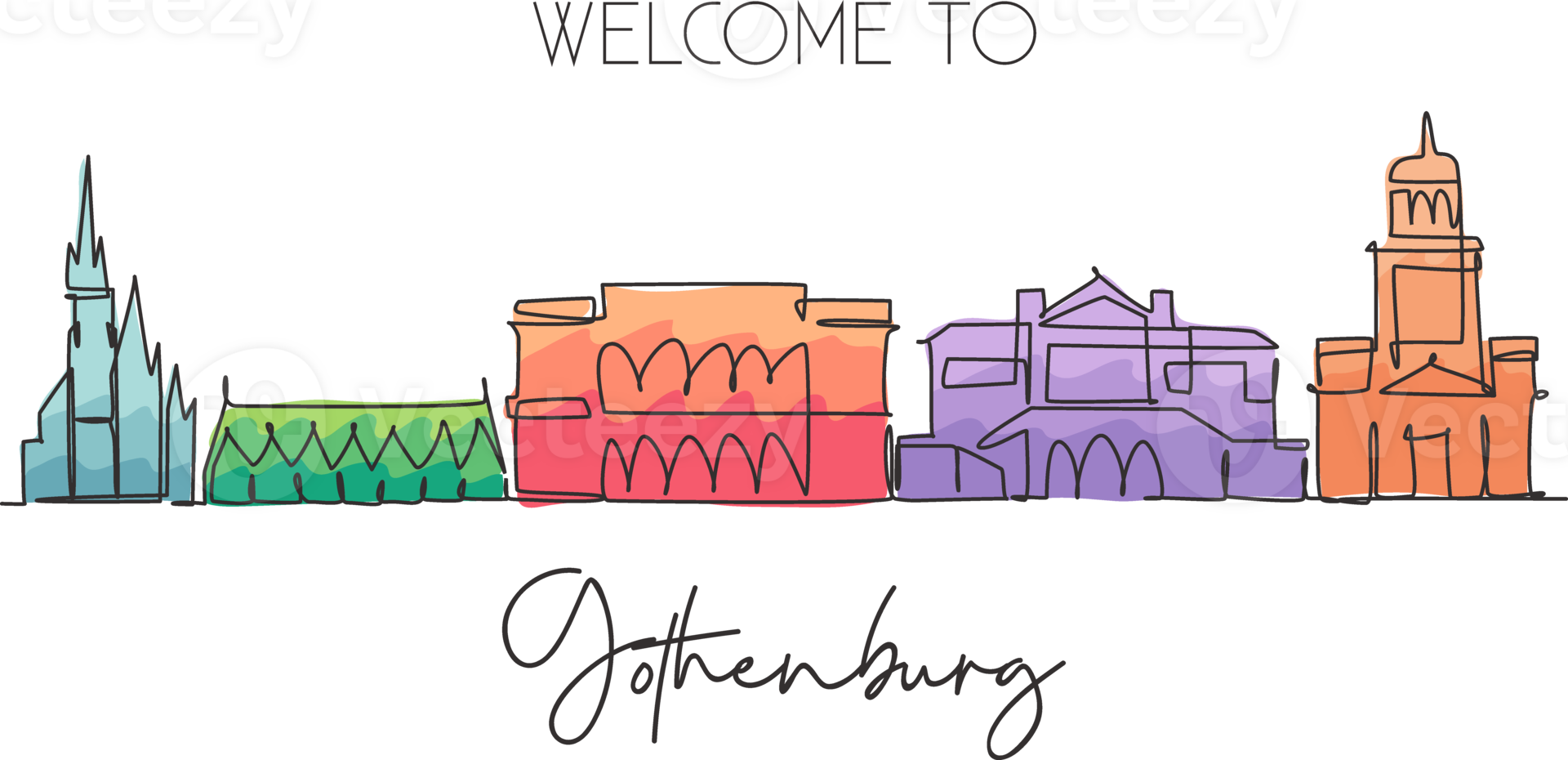 One continuous line drawing of Gothenburg city skyline, Sweden. Beautiful landmark. World landscape tourism travel home decor wall art poster print. stylish single line draw design illustration png