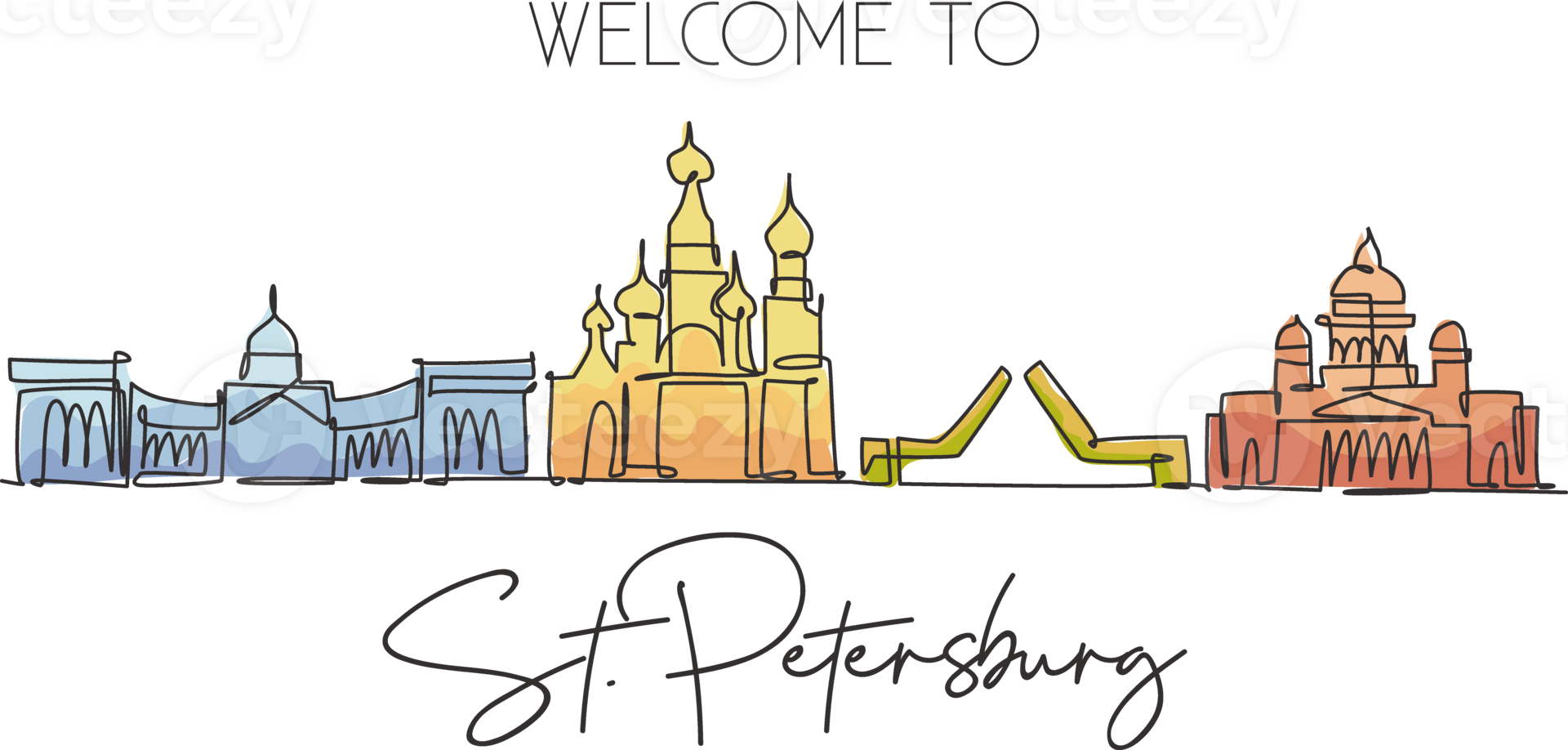 One continuous line drawing of St. Petersburg city skyline, Russia. Beautiful landmark. World landscape tourism and travel vacation. Editable stylish stroke single line draw design illustration png