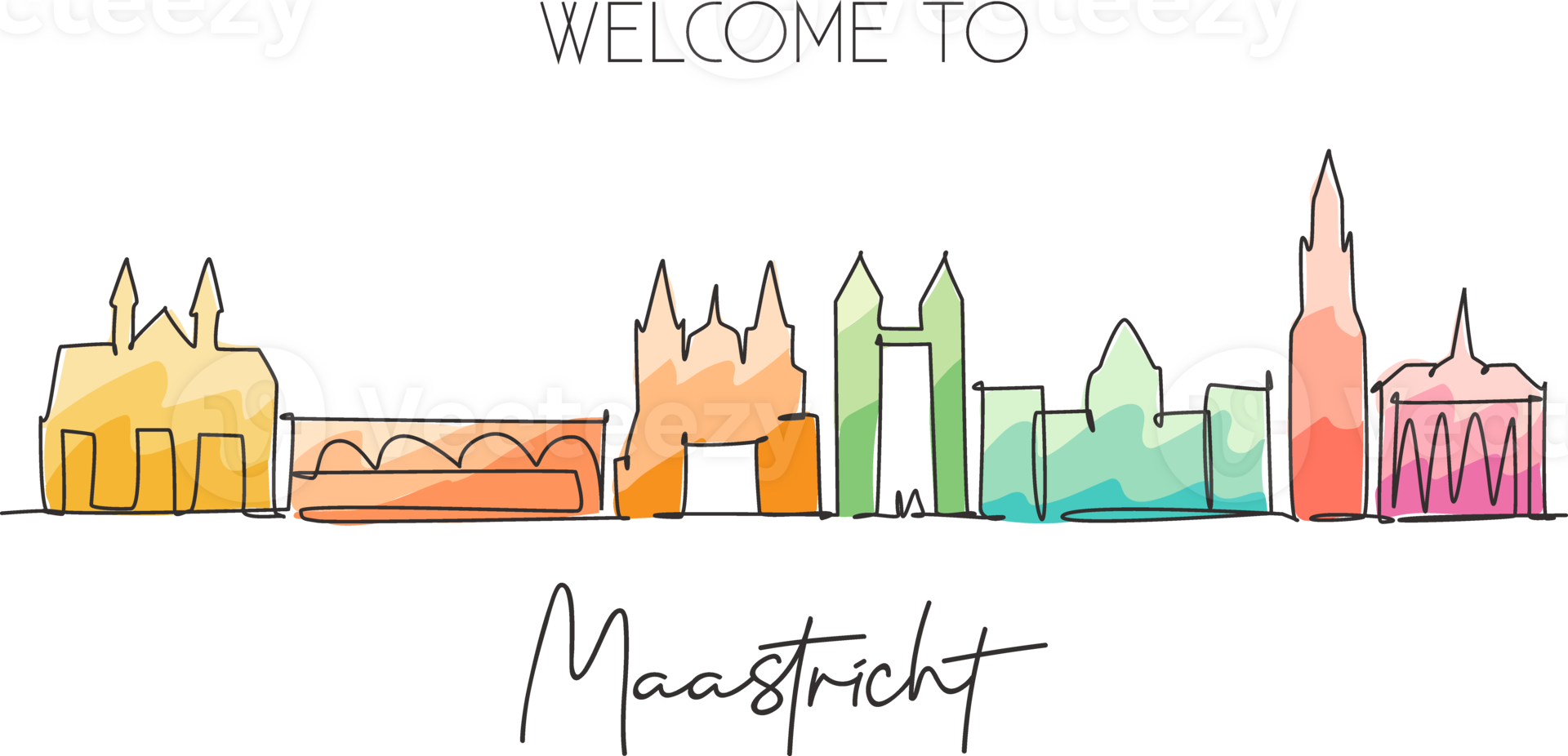 One single line drawing of Maastricht city skyline, Netherlands. Historical skyscraper landscape in world. Best holiday destination wall decor poster. Continuous line draw design illustration png
