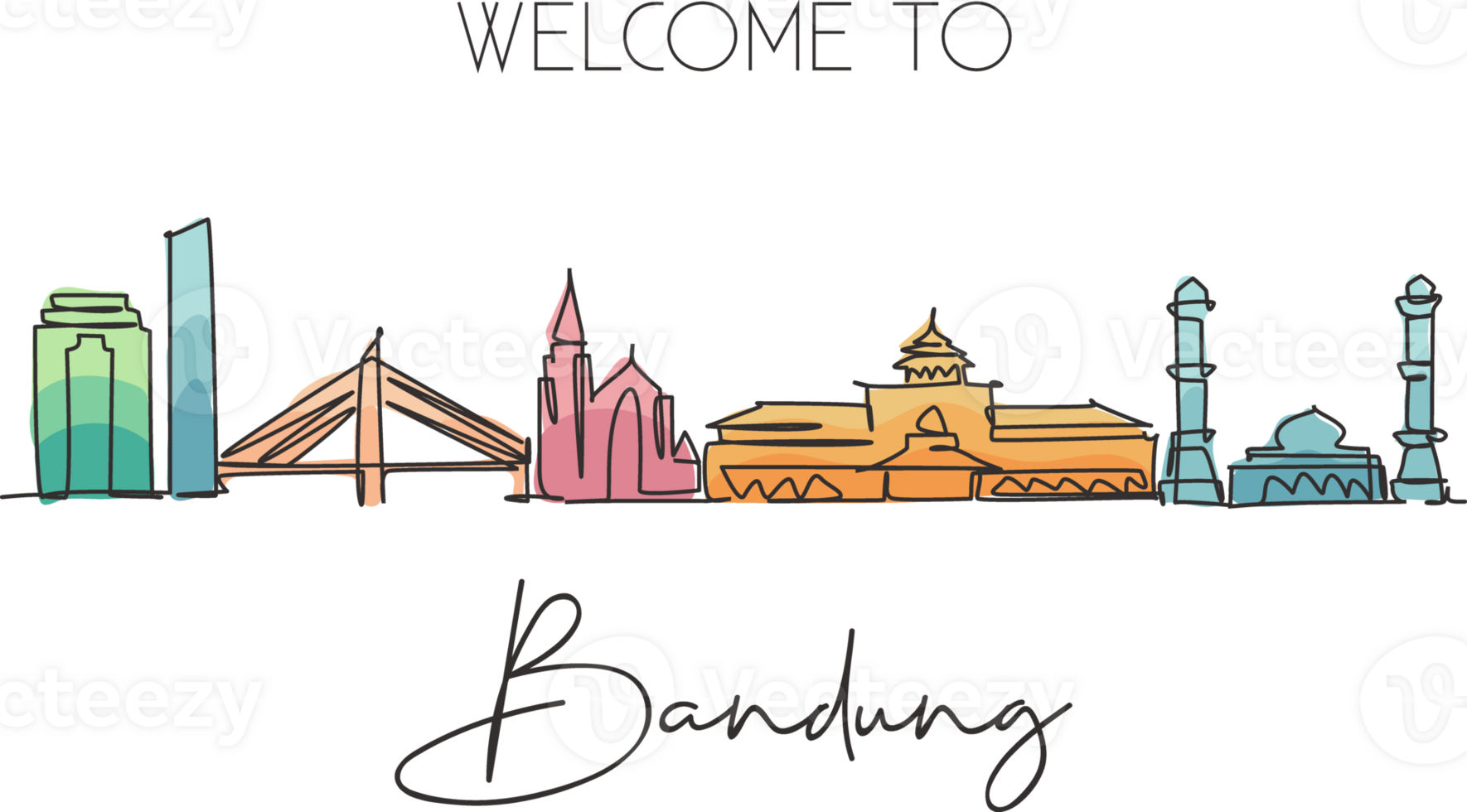 One continuous line drawing of Bandung city skyline, India. Beautiful city landmark. World landscape tourism and travel vacation. Editable stylish single line draw design graphic illustration png