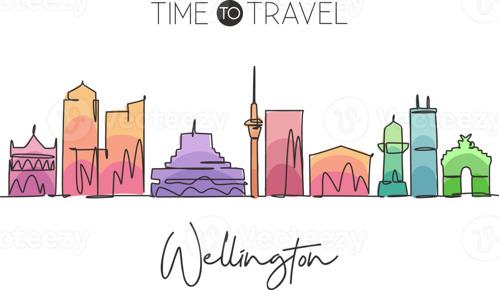 Single continuous line drawing of Wellington city skyline, New Zealand. Famous city scraper landscape. World travel destination concept. Editable stroke modern one line draw design illustration png