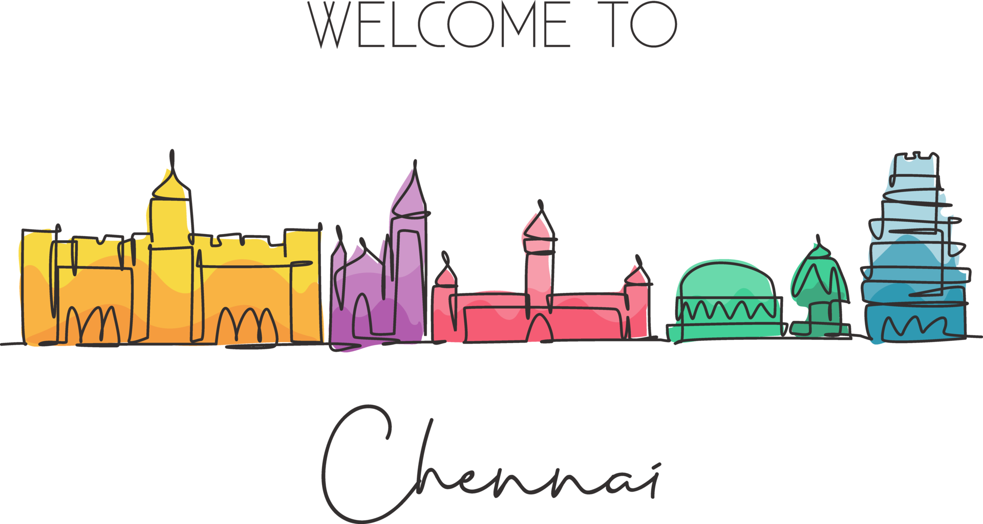 Single Continuous Line Drawing Of Chennai City Skyline India Famous single-continuous-line-drawing-of-chennai-city-skyline-india-famous
