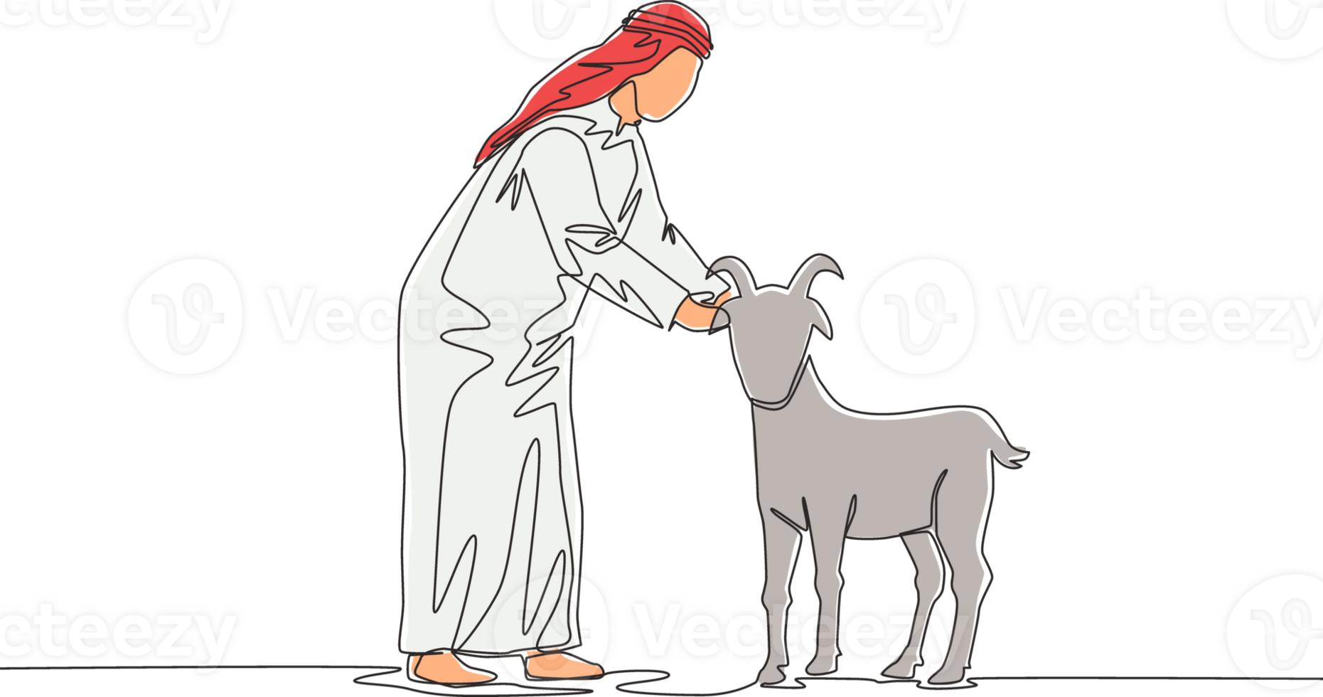 One continuous line drawing of young happy muslim holding a goat. Muslim holiday the sacrifice a sheep or goat to God, Eid al Adha greeting card concept single line draw design illustration png
