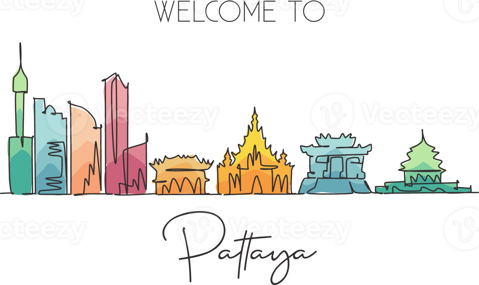 Single continuous line drawing of Pattaya skyline, Thailand. Famous city scraper landscape postcard. World travel destination concept. Editable stroke modern one line draw design illustration png