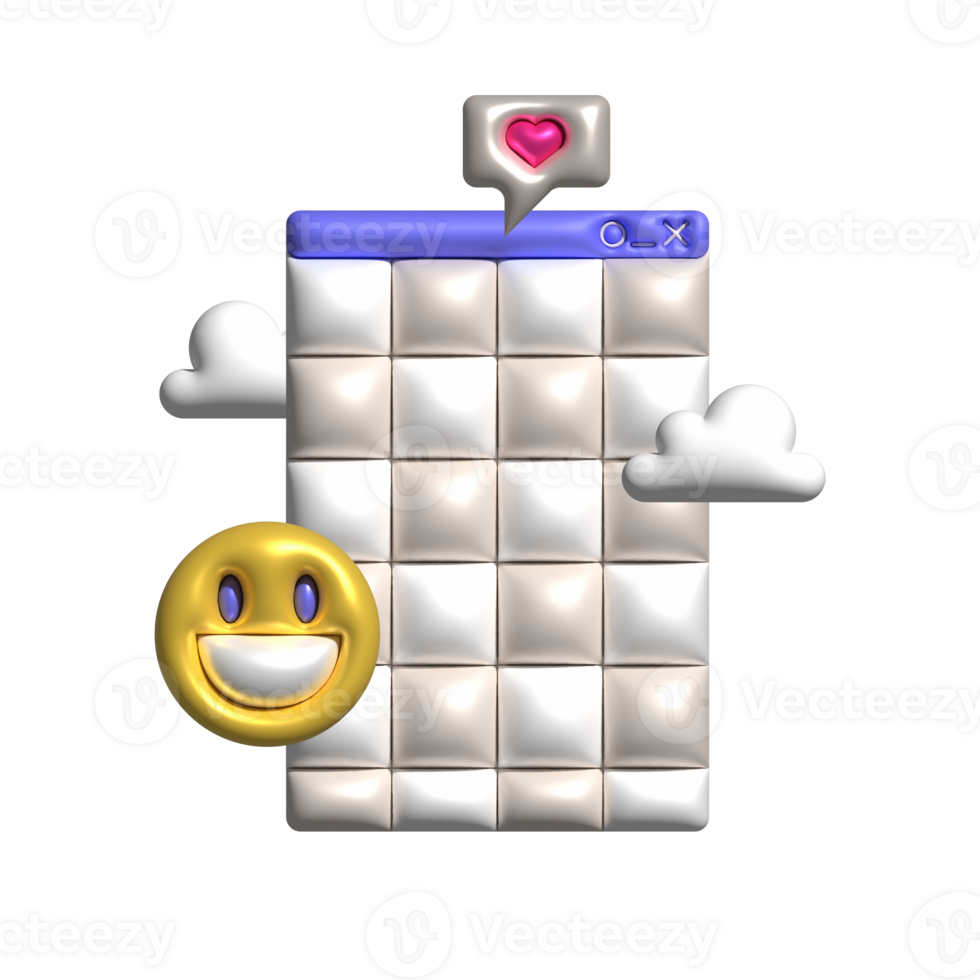 Render 3d abstract vintage aesthetic concept with old computer user interface dialog window and nostalgic retro computer elements - emoji, like bubble in 80s 90s style. Trendy volume illustration. png