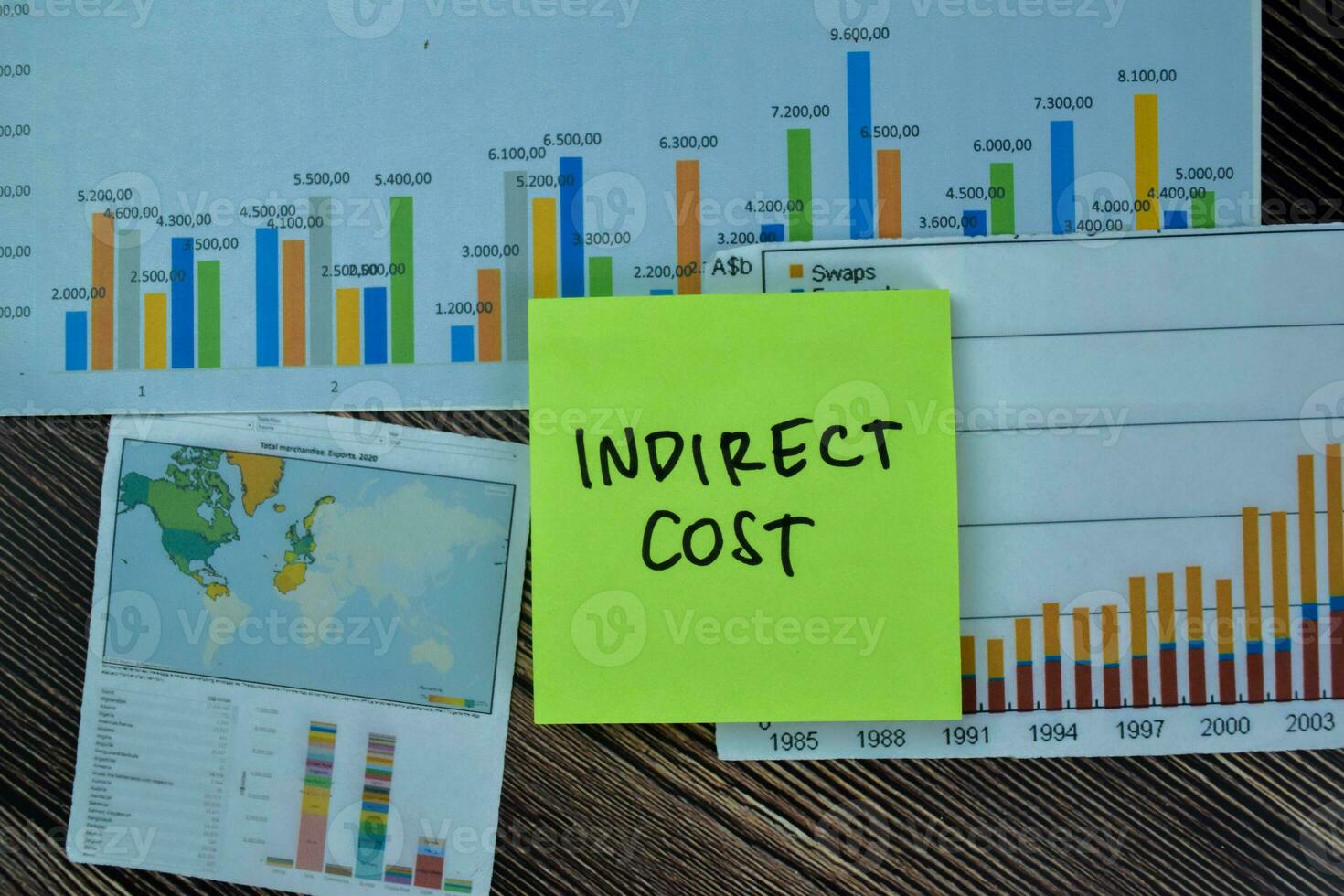 Concept of Indirect Cost write on sticky notes isolated on Wooden Table. photo