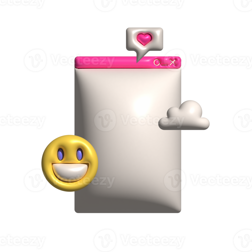 Render 3d element for screen of an old retro PC in the y2k style. Pink vintage computer interface - window, like, cloud and emoji. Raster volime illustration in white background. png