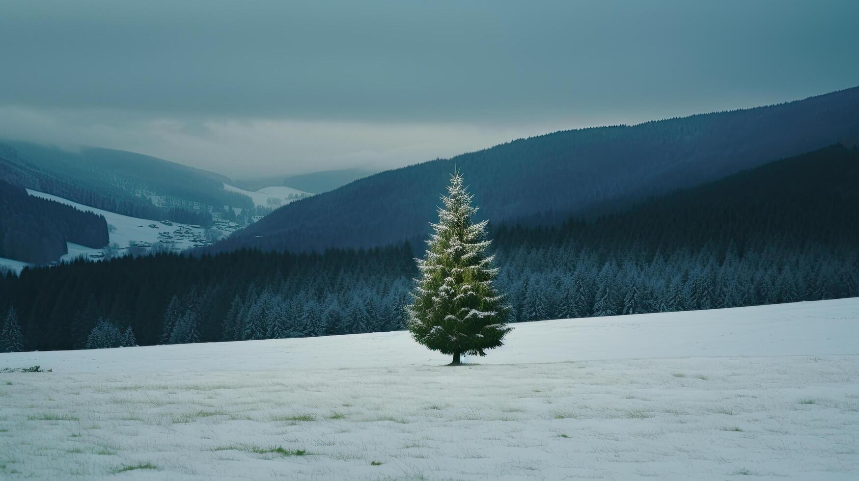 Navidad árbol en montaña antecedentes. ilustración ai generativo foto