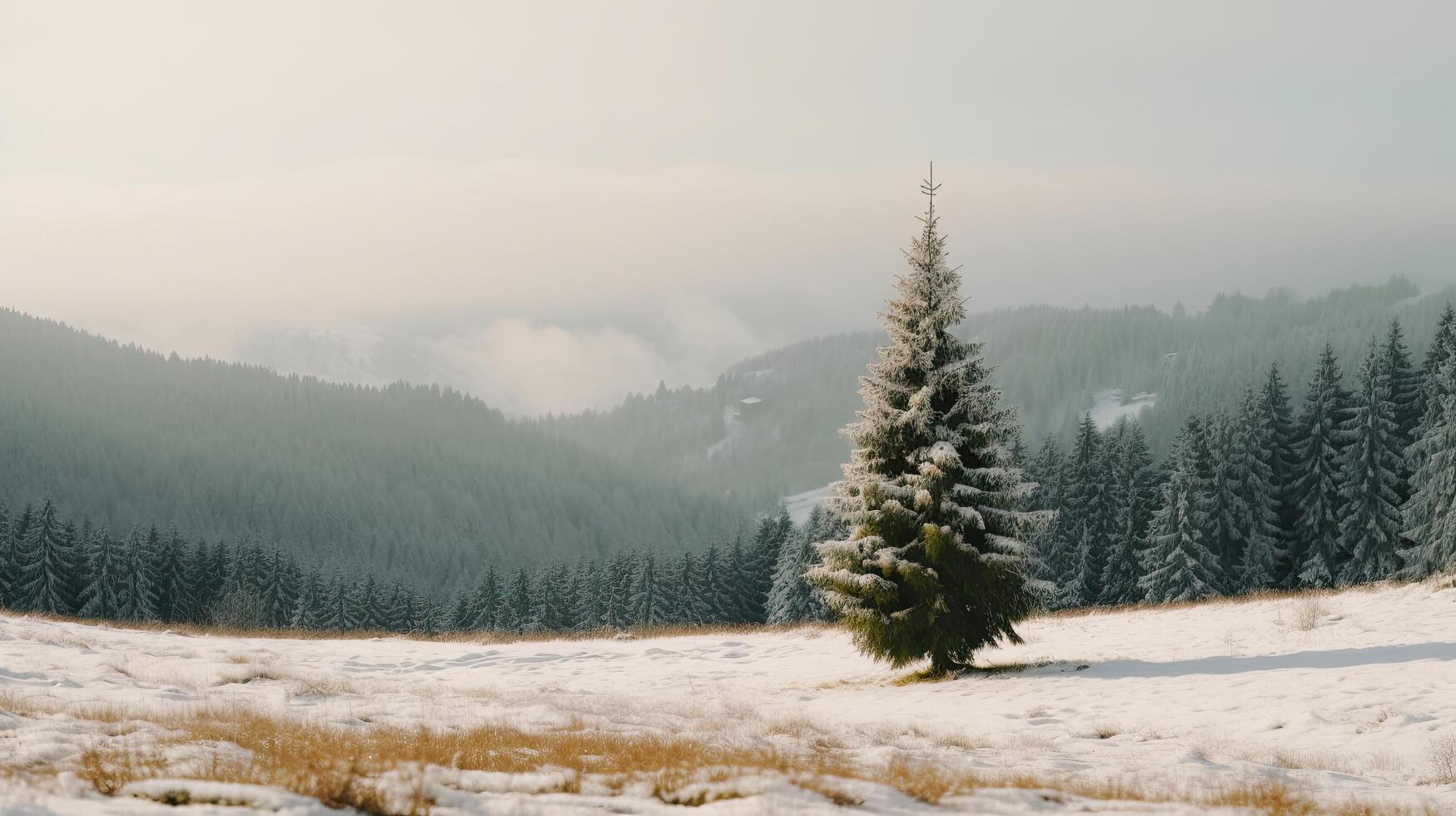 Christmas tree in mountain background. Illustration photo