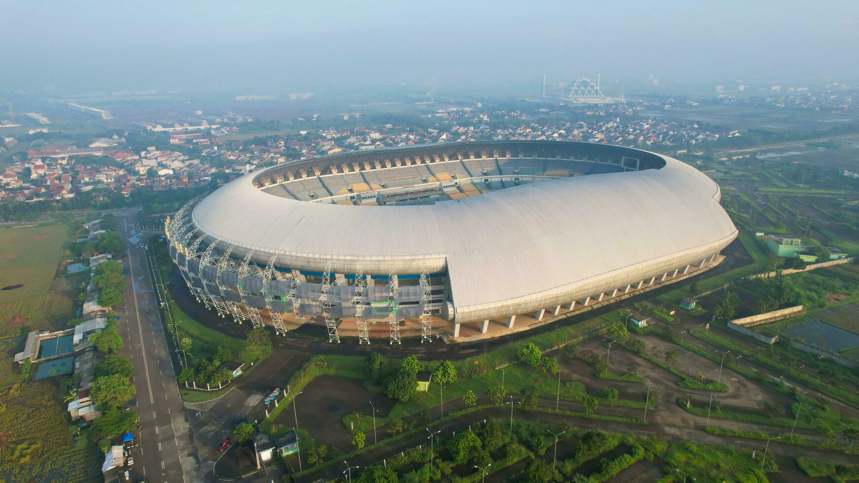 Aerial view of the Beautiful scenery Gelora Bandung Lautan Api Football or Soccer Stadium in the