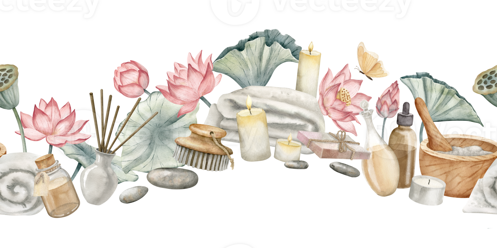 Spa seamless Border with body care Cosmetic, towels and flacons on isolated background. Hand drawn watercolor illustration with lotus flowers. Pattern with mortar and aroma essential oil for banner. png