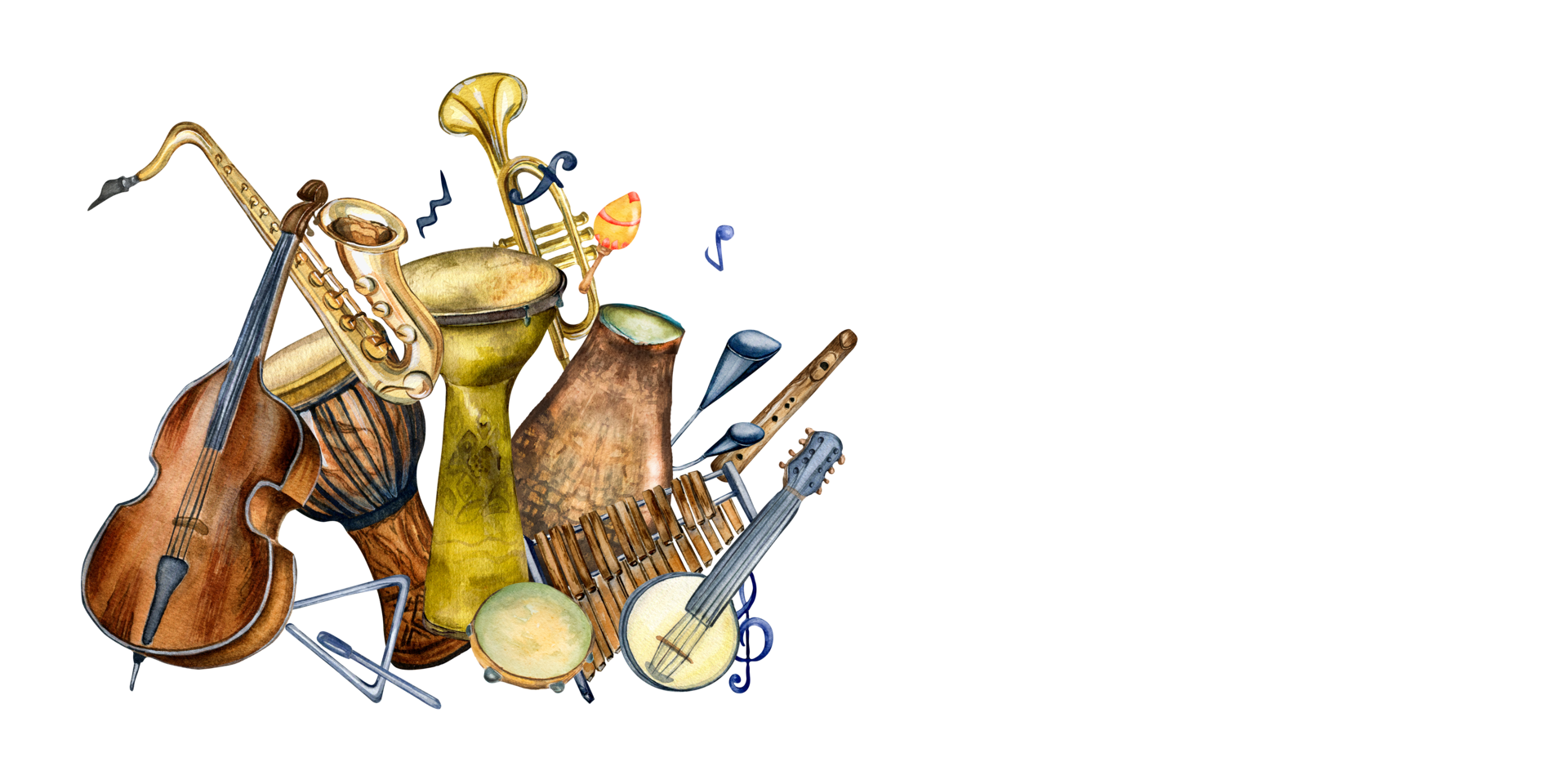 Composition of variouse percussion musical instruments watercolor illustration. Djembe, congo, drum, contrabass hand drawn. Design element for flyer, concert events, brochure, poster, print png