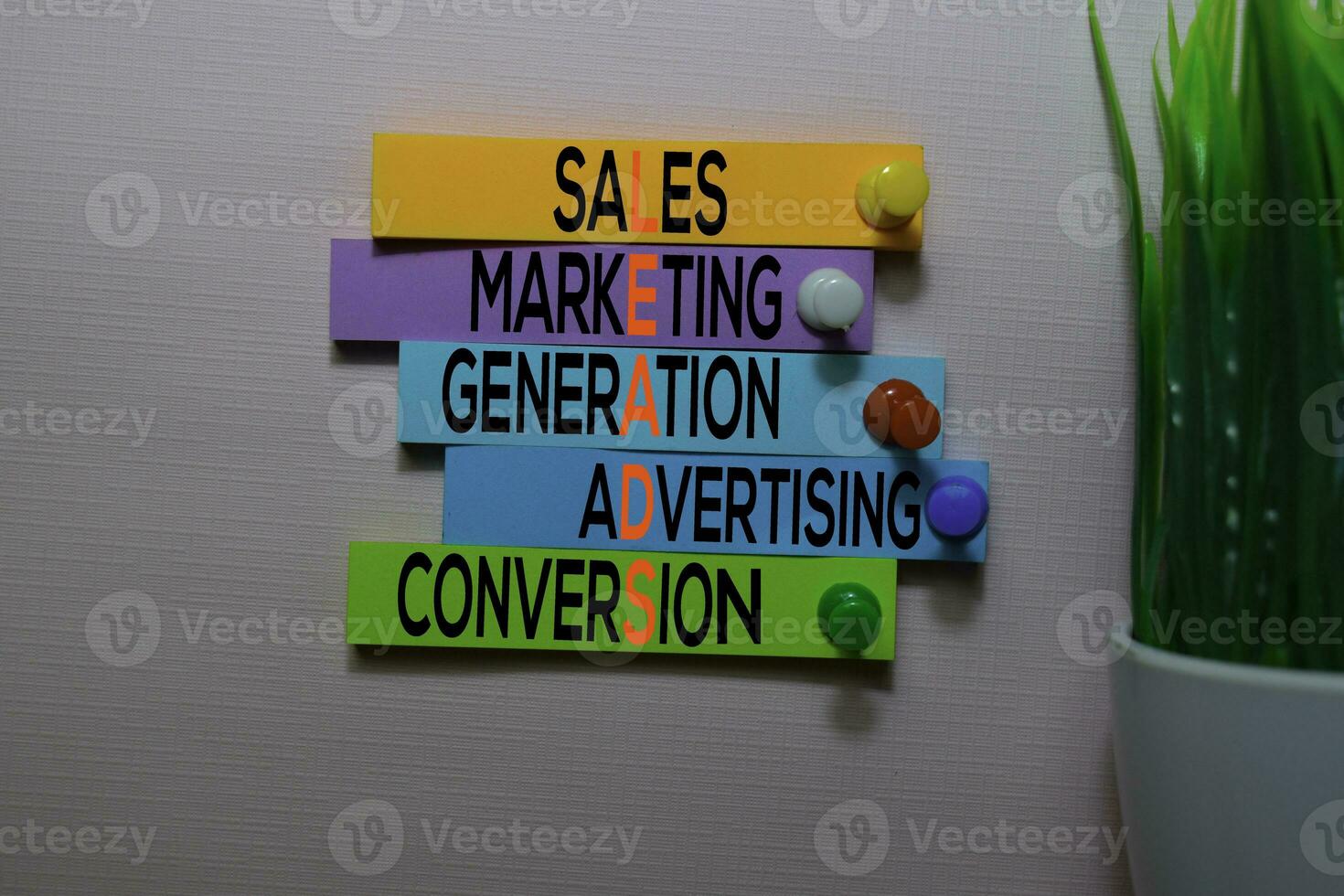 Sales, Marketing, Generation, Advertising, Conversio text on sticky notes isolated on office desk photo
