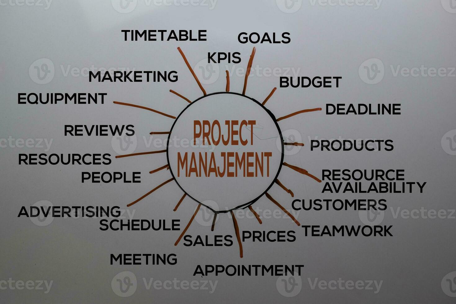 Project Management text with keywords isolated on white board background. Chart or mechanism concept. photo