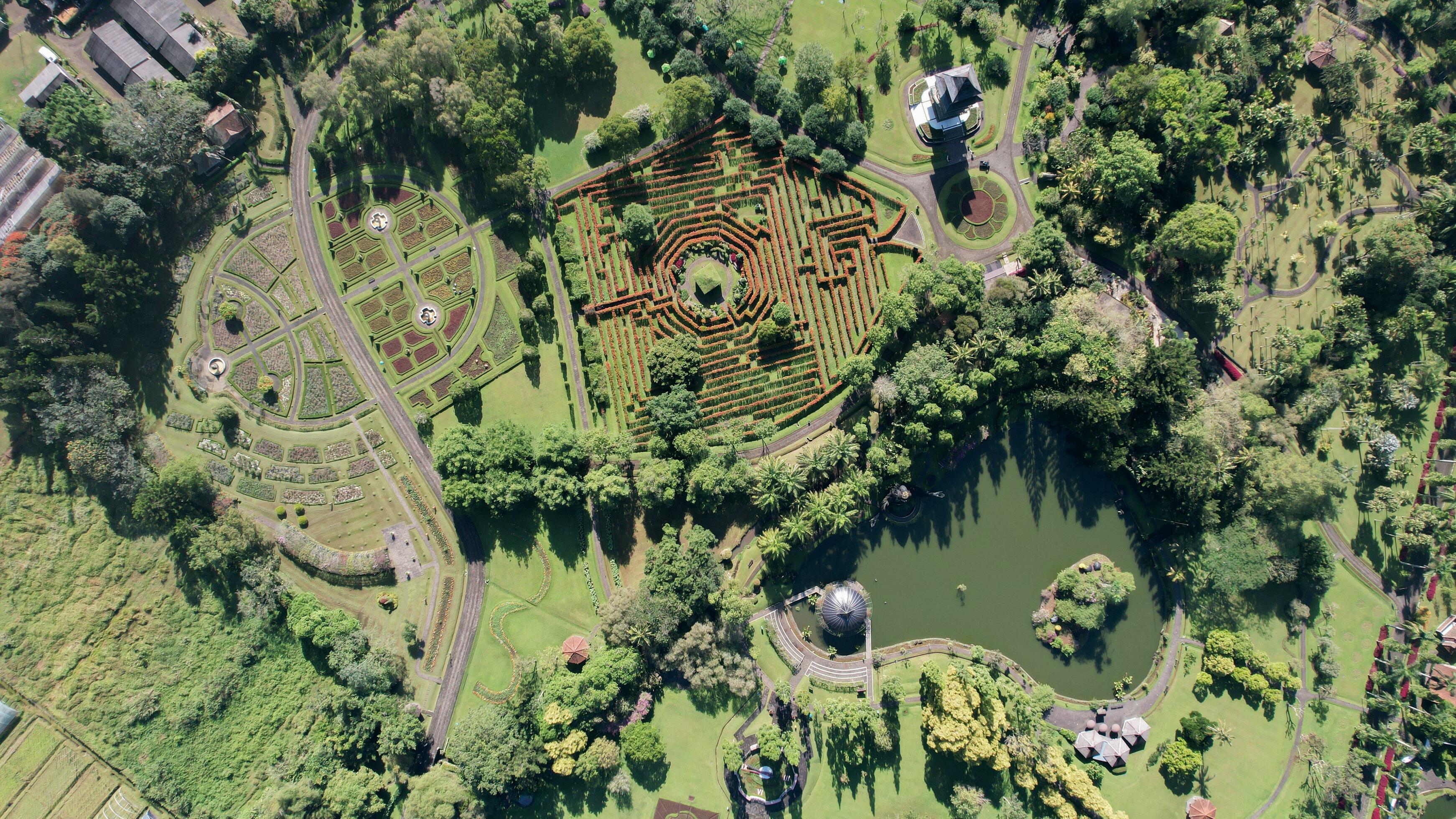 Aerial view of The Taman Bunga Nusantara or Flower Garden Nusantara, a