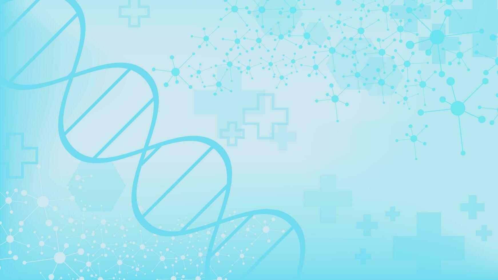 Molecular structure with DNA strand and hospital cross for medical, chemistry and science concept background. Vector illustration.