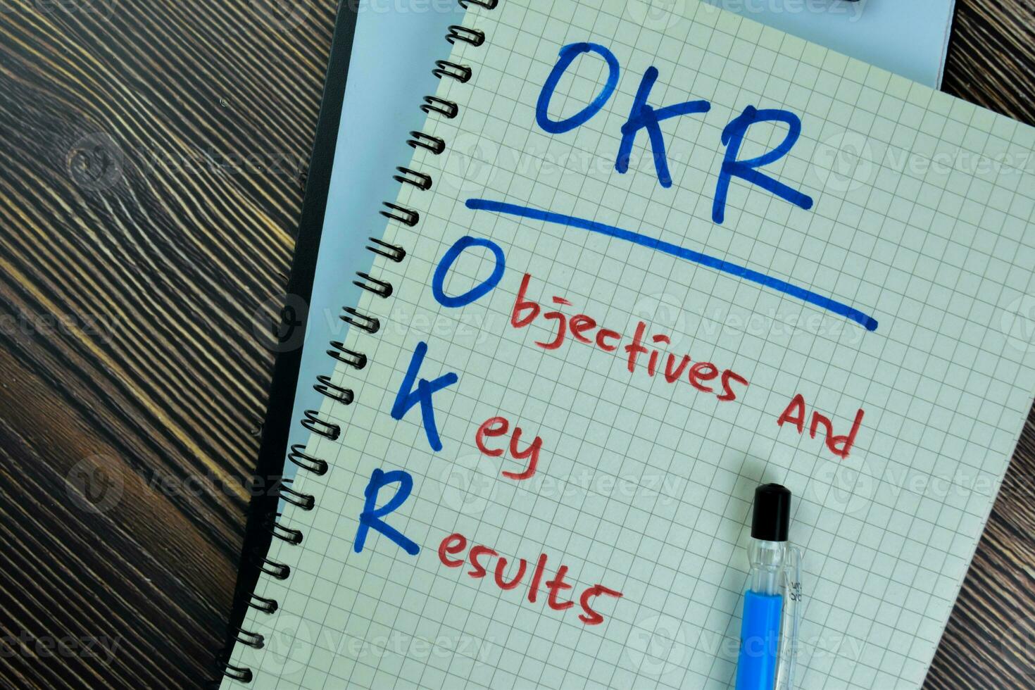 Concept of OKR - Objectives and Key Results write on a book isolated on Wooden Table. photo