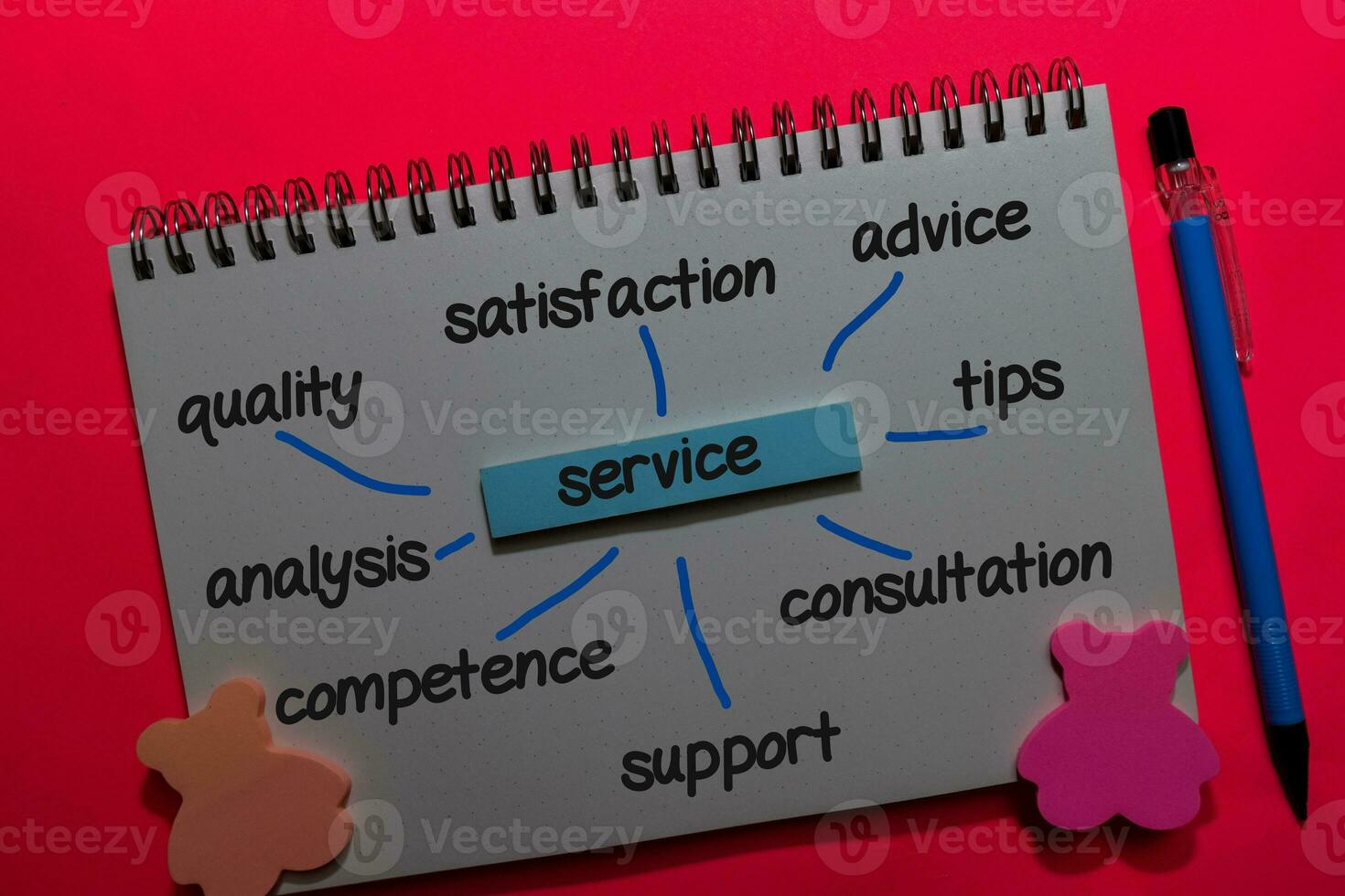 Service on sticky note with keywords isolated on office desk. Chart or mechanism concept. photo