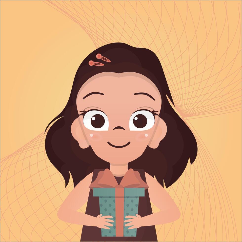 Little girl is holding a gift. A child with a festive box in his hands on a yellow background. illustration. vector