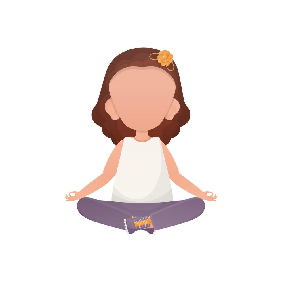 Little girl sits in the lotus position. Isolated on white background. Cartoon style. vector