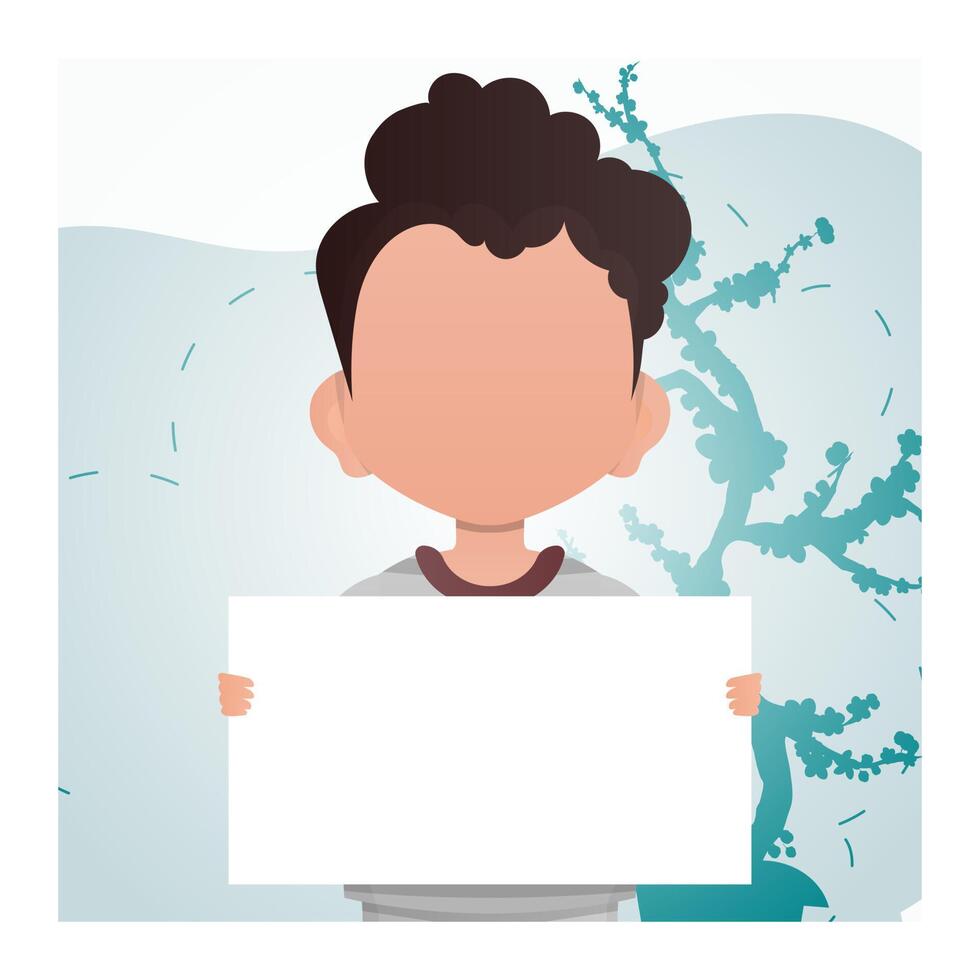 A little boy is holding a blank poster. Place for text. Cartoon style. vector