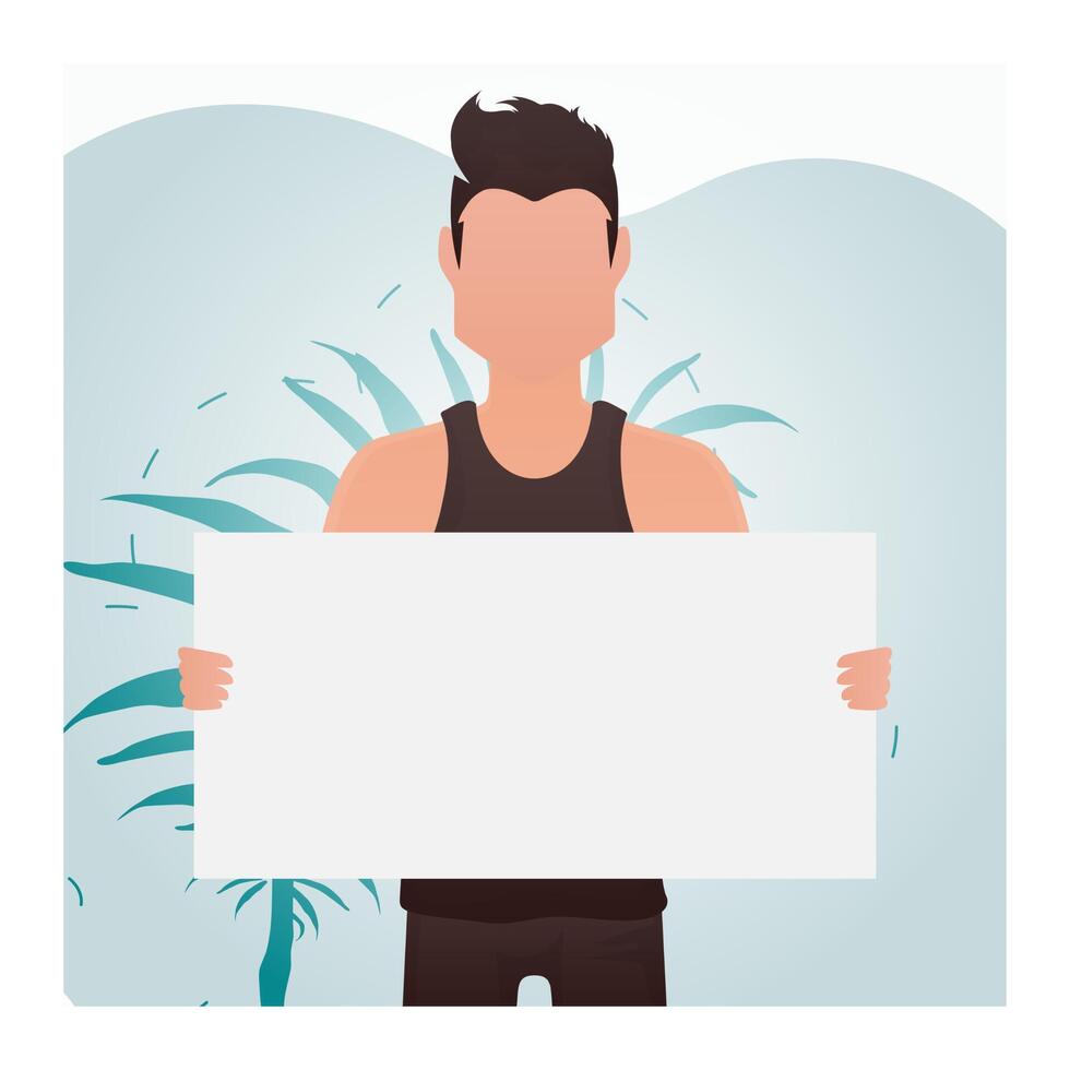 A guy with a strong physique holds a blank sheet in his hands. Rally. Cartoon style. vector