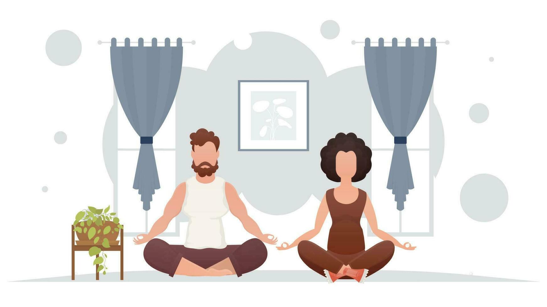 Man and woman are engaged in meditation in the room. Meditation. Cartoon style. vector