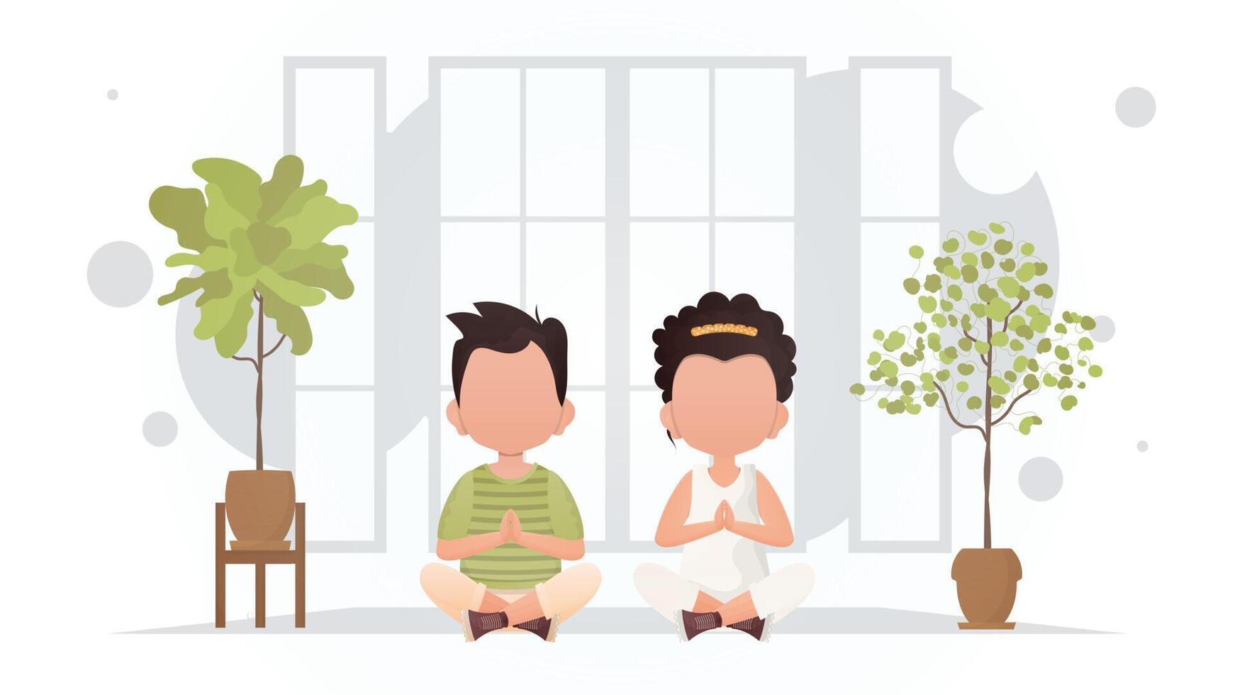 Little boy and cute girl are engaged in meditation in the room. Meditation. Cartoon style. vector