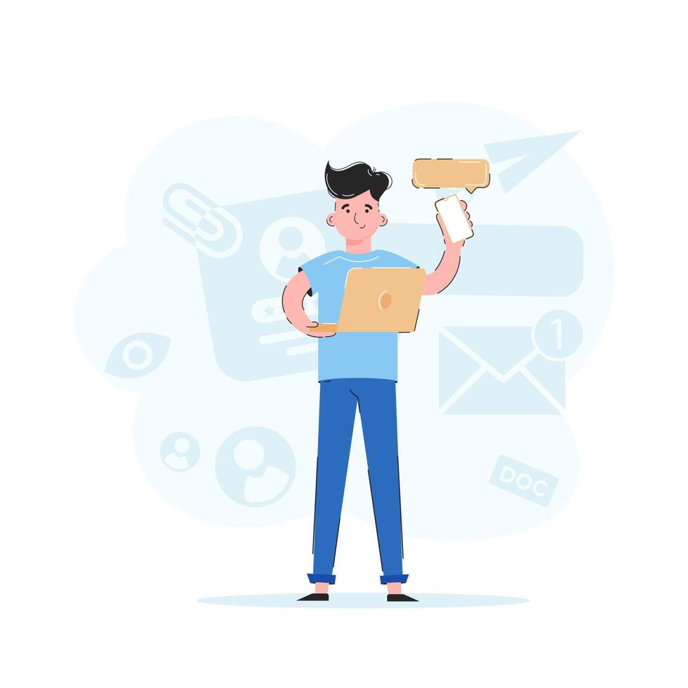 The guy in full growth holds a laptop and a phone. Trend illustration. Good for apps, presentations and websites. Vector. vector