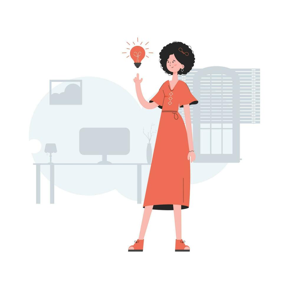 A woman stands in full growth who had an idea in the form of a light bulb. Idea. Element for presentations, sites. vector