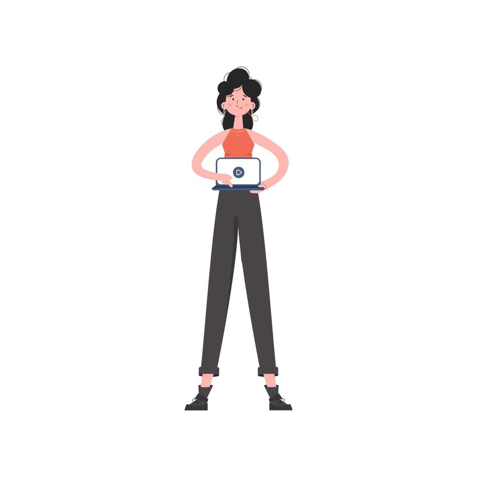 A woman stands in full growth turns on the video on a laptop. Isolated. Element for presentations, sites. vector