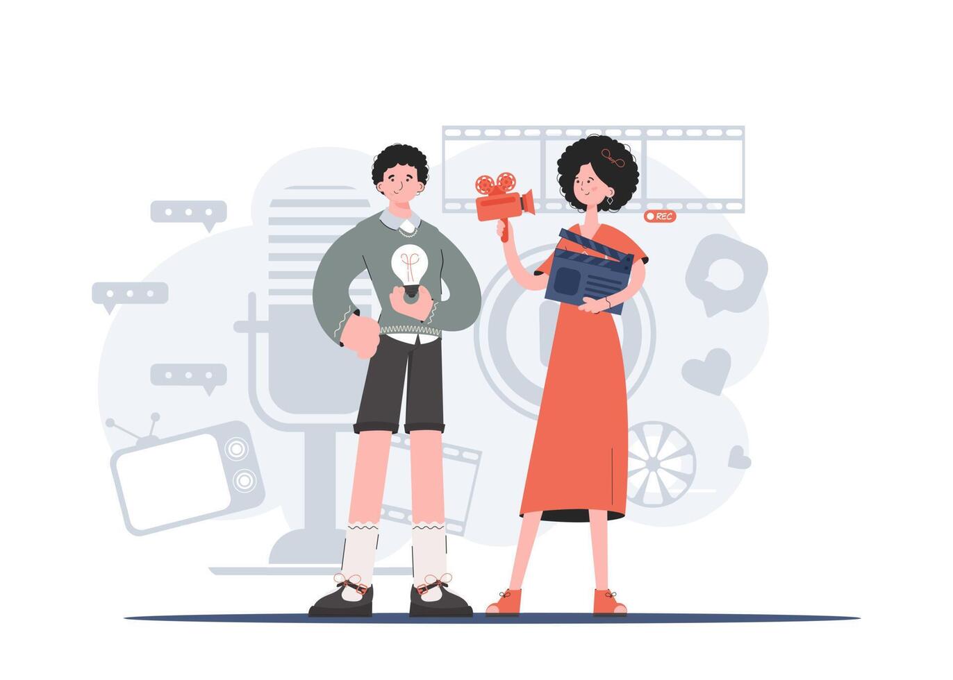 A man and a woman stand to their full height and hold a movie clapperboard and a camera. Idea. Element for presentations, sites. vector