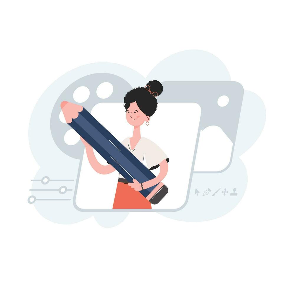 The girl is waist-deep holding a large pencil. Design. Element for presentations, sites. vector