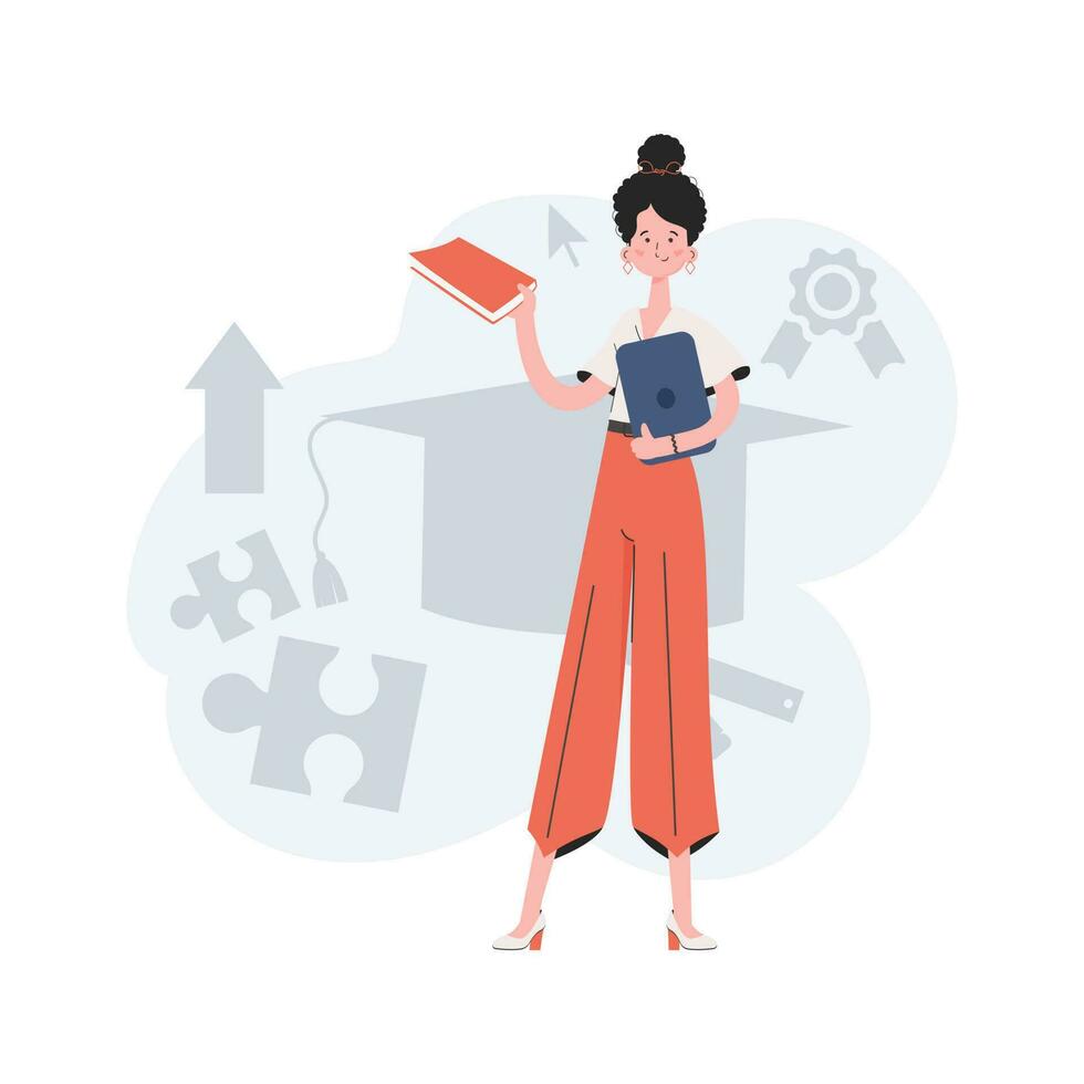 A woman stands in full growth with a book. Online school. Element for presentations, sites. vector