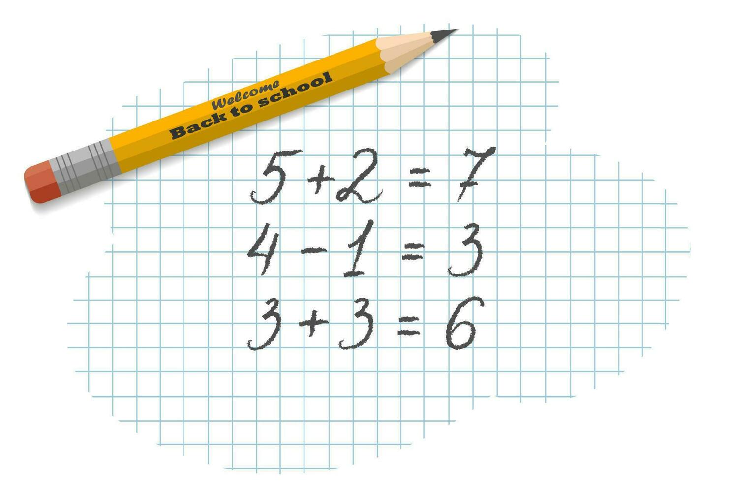 un sencillo lápiz con un borrador, colegio suministros, papelería, un a cuadros cuaderno con matemáticas ejemplos el concepto de enseñanza, espalda a escuela, primero hora a colegio vector