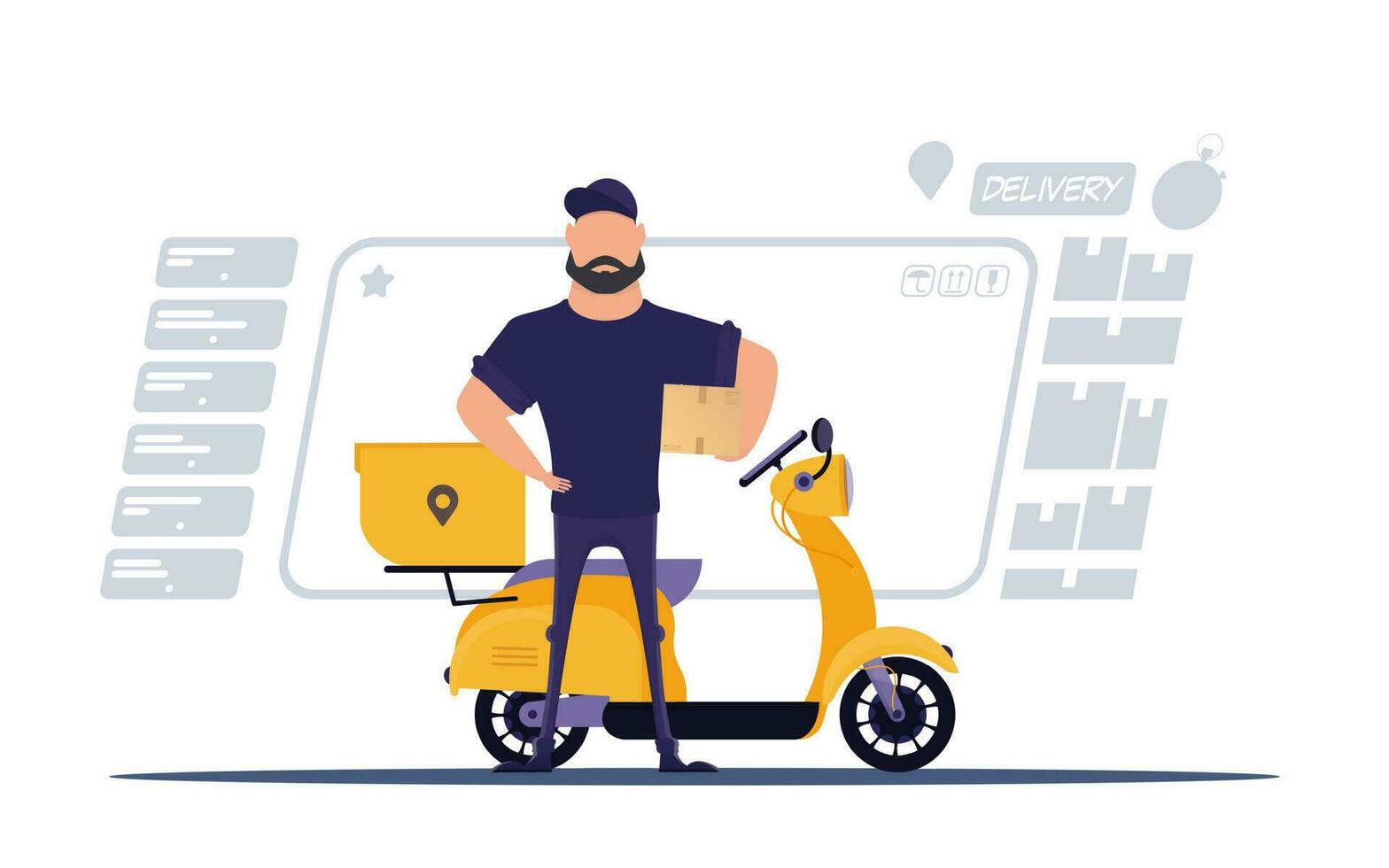 A male courier stands near a scooter and holds a box. vector