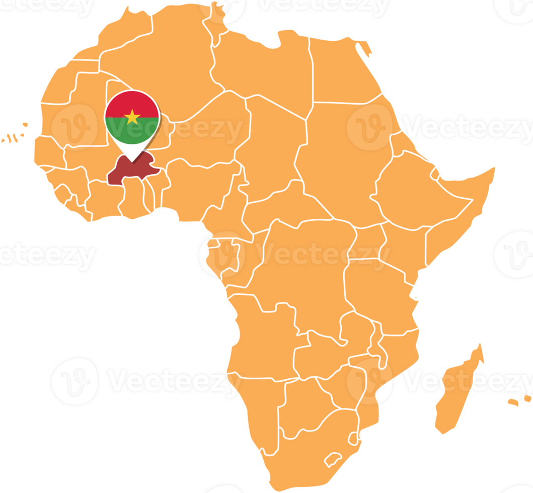 Burkina Faso map in Africa, Icons showing Burkina Faso location and flags. png