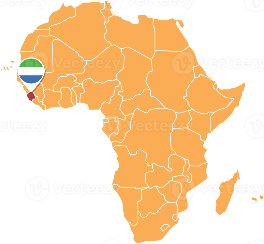 carte de la sierra leone en afrique, icônes indiquant l'emplacement et les drapeaux de la sierra leone. png