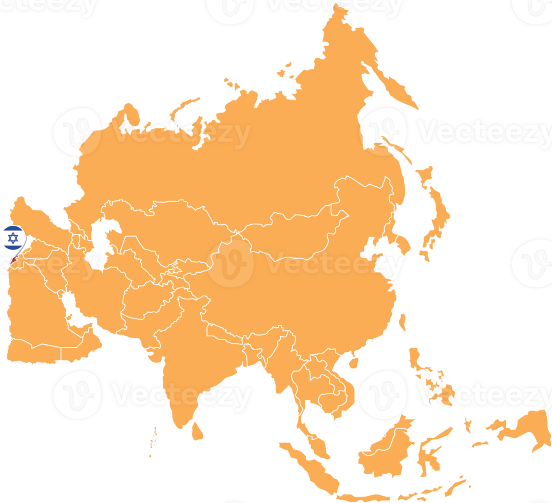 Israël kaart in Azië, pictogrammen tonen Israël plaats en vlaggen. png