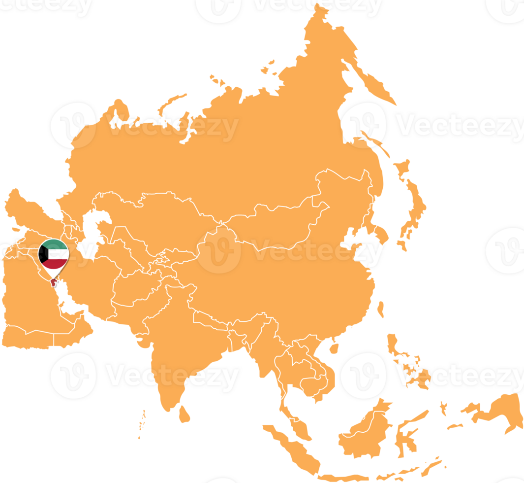 mapa do kuwait na ásia, ícones mostrando sinalizadores e localização do kuwait. png