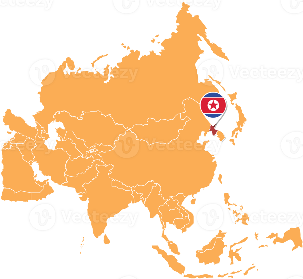 North Korea map in Asia, Icons showing North Korea location and flags. png