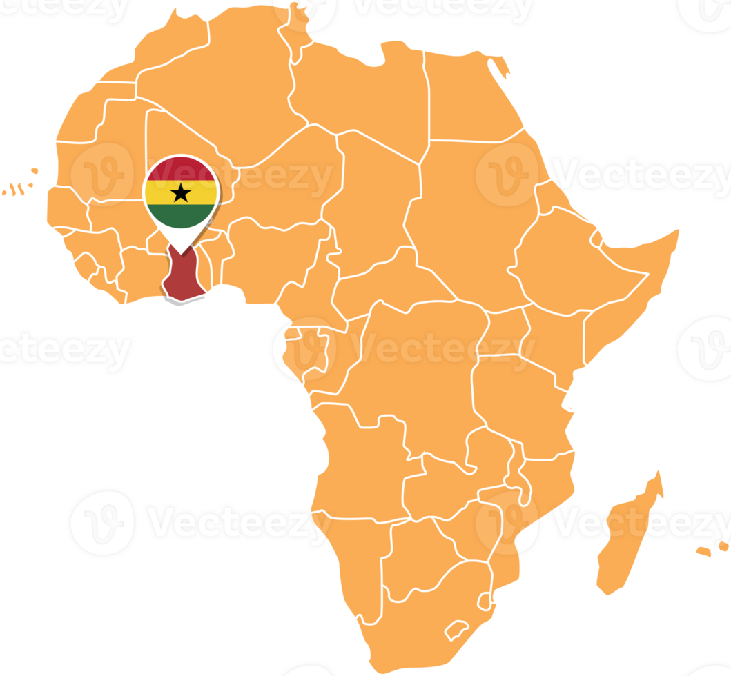 Ghana kaart in Afrika, pictogrammen tonen Ghana plaats en vlaggen. png