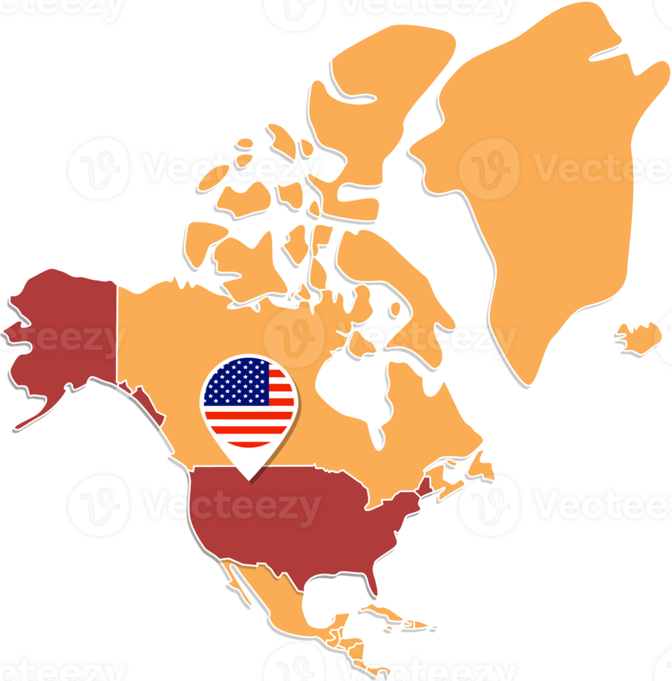 unido estados de America mapa en norte America, íconos demostración unido estados de America ubicación y banderas png