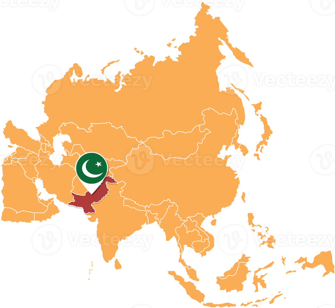 mapa de pakistán en asia, íconos que muestran la ubicación y banderas de pakistán. png