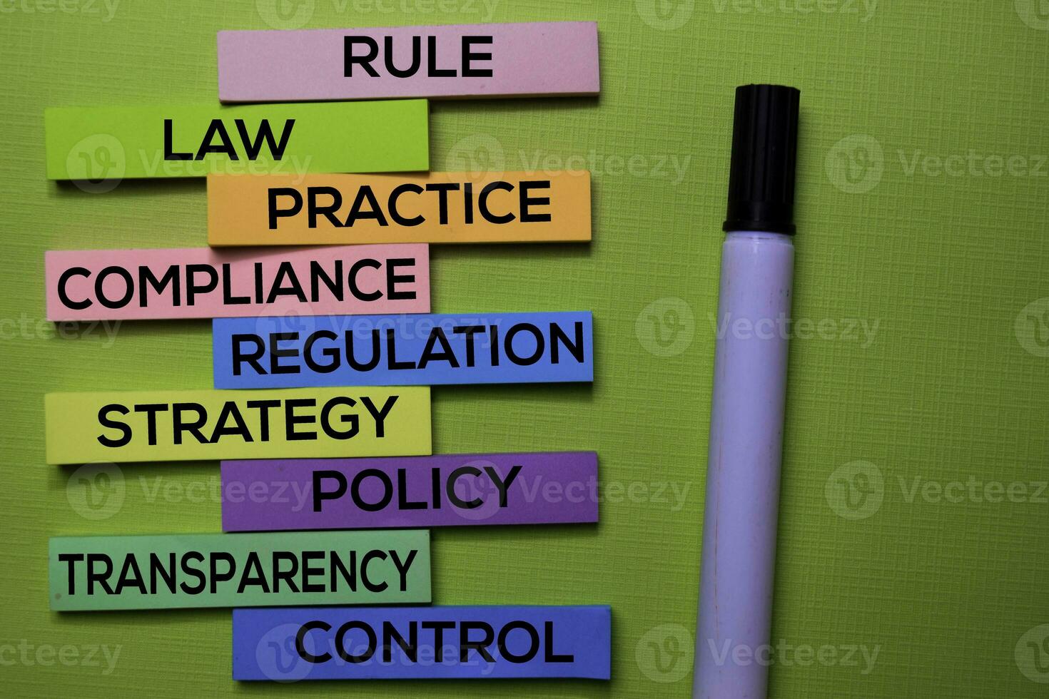 Rule, Law, Practice, Compliance, Regulation, Strategy, Policy, Transparency, Control text on sticky notes isolated on green desk. Mechanism Strategy Concept photo