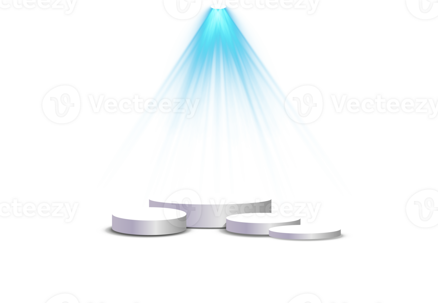 podium staan geïsoleerd Aan transparant achtergrond. wit cirkel plint, pijler of Scherm fase. leeg prijs voetstuk met blauw projector licht balken. png